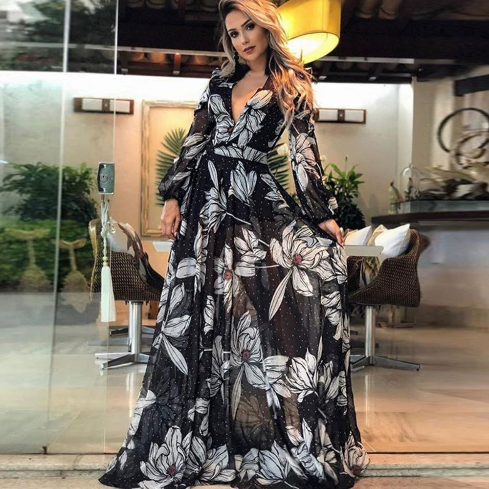 ZARA Elegant Sexy Deep V Neck Long Sleeve Floral Print Maxi Dress